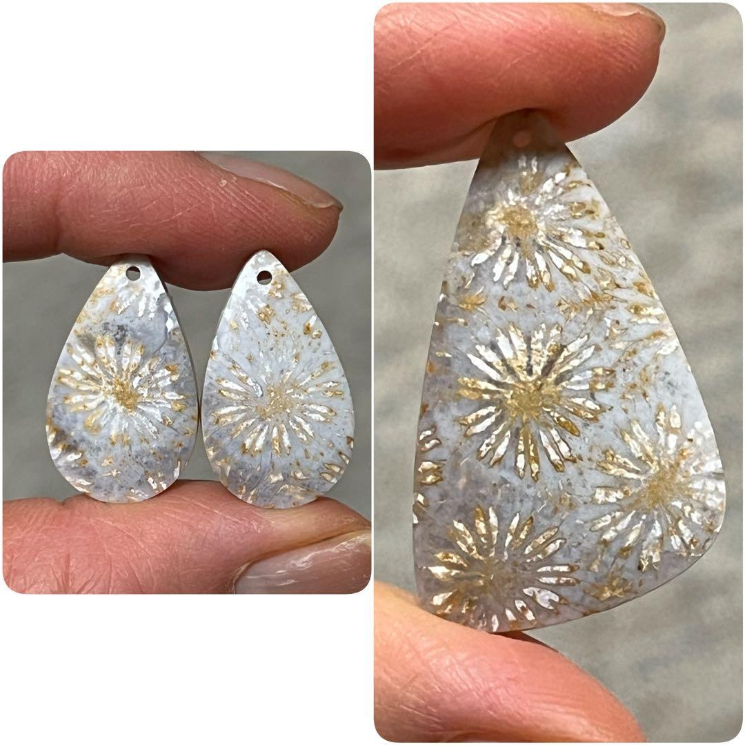 14kgf アンティークなフォッシルコーラル ピアス&ペンダントトップセット