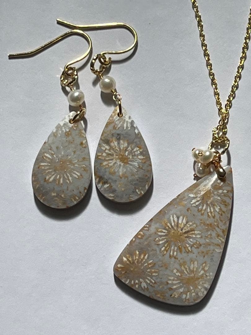 14kgf アンティークなフォッシルコーラル ピアス&ペンダントトップセット