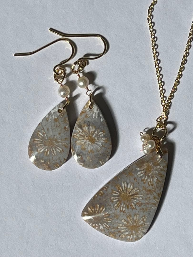 14kgf アンティークなフォッシルコーラル ピアス&ペンダントトップセット