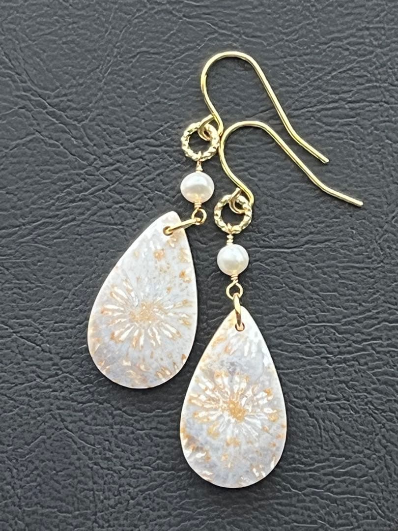 14kgf アンティークなフォッシルコーラル ピアス&ペンダントトップセット