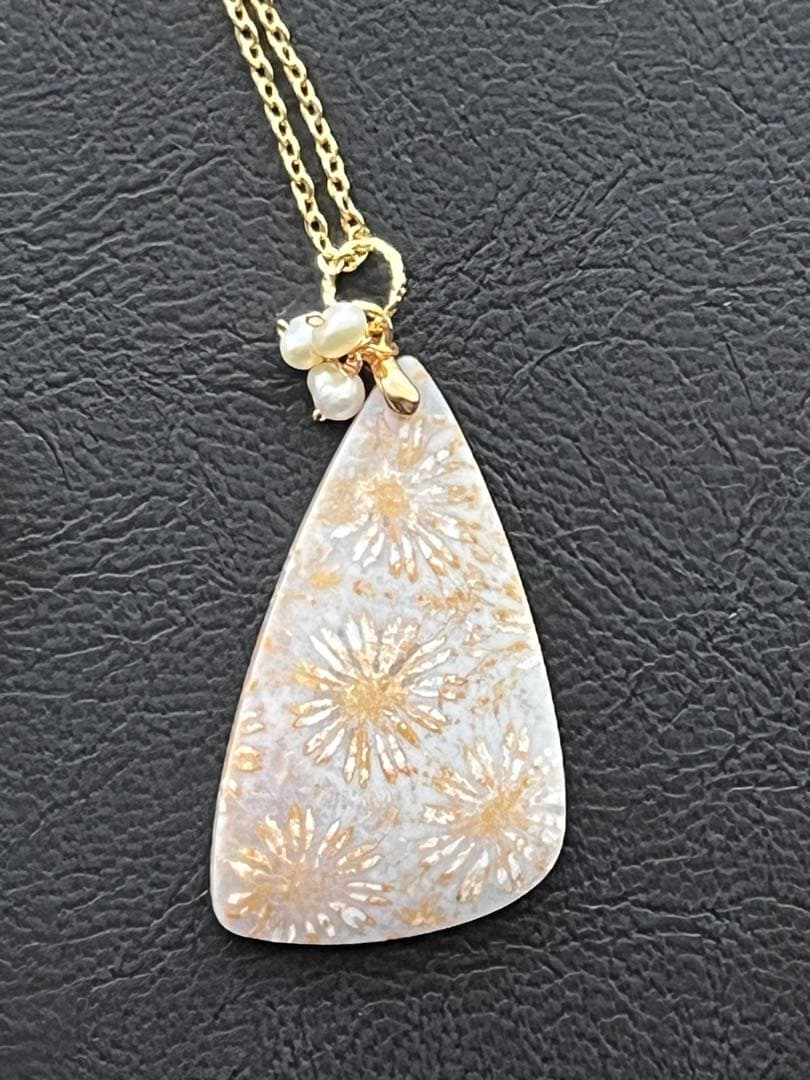 14kgf アンティークなフォッシルコーラル ピアス&ペンダントトップセット