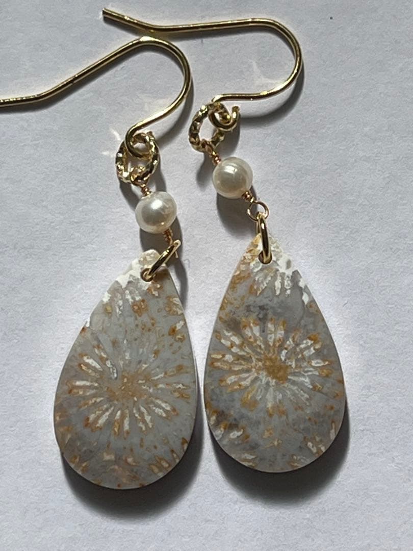 14kgf アンティークなフォッシルコーラル ピアス&ペンダントトップセット