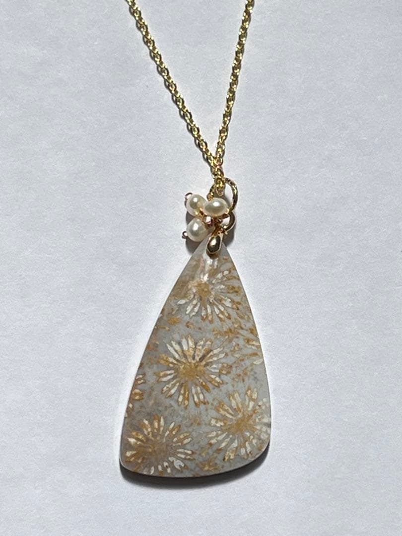 14kgf アンティークなフォッシルコーラル ピアス&ペンダントトップセット