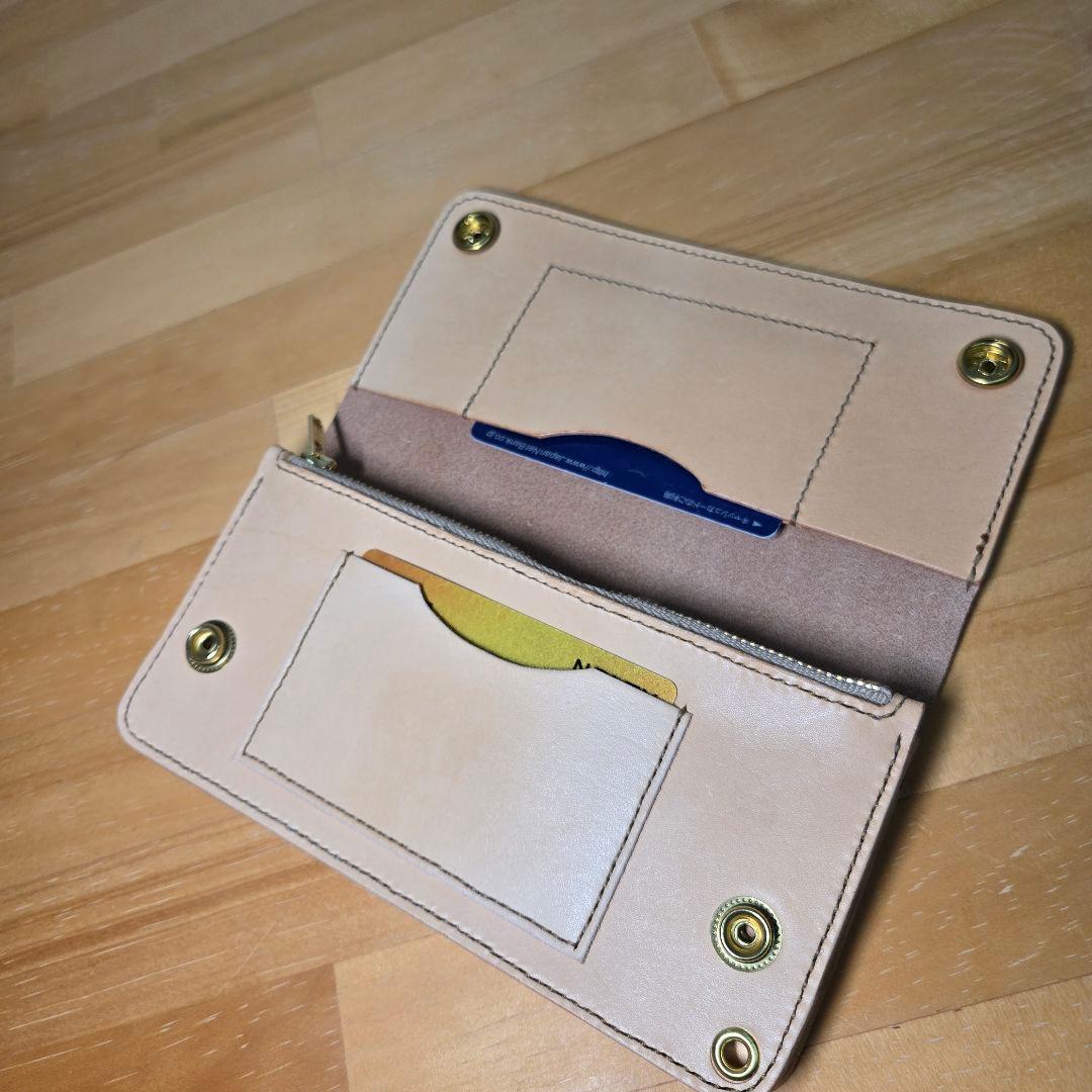 国産牛ヌメ革生成り　ロングトラッカーウォレット