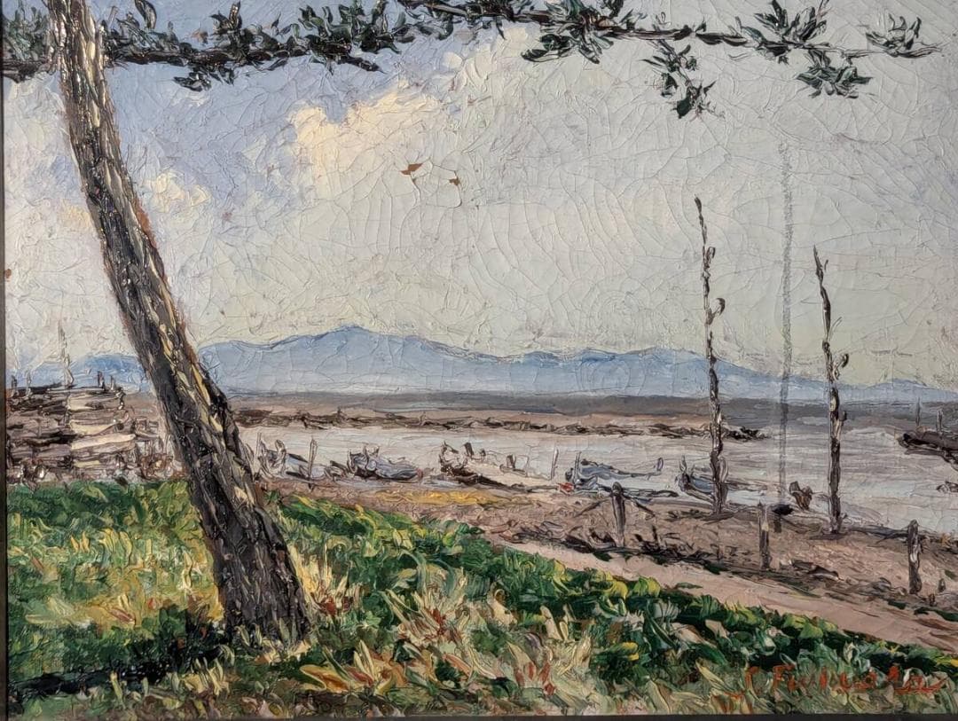 【真作】絵画　藤原修治郎　油彩6号　漁港　心を癒す自然の美　静かな大地　U20