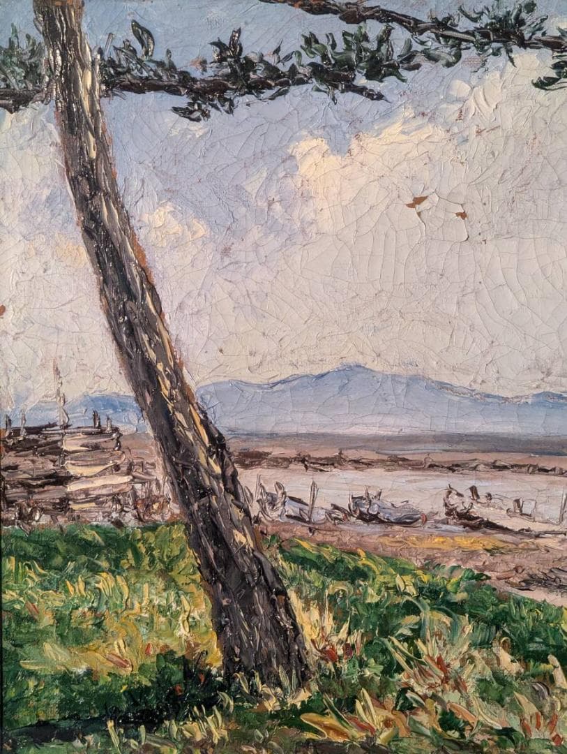 【真作】絵画　藤原修治郎　油彩6号　漁港　心を癒す自然の美　静かな大地　U20