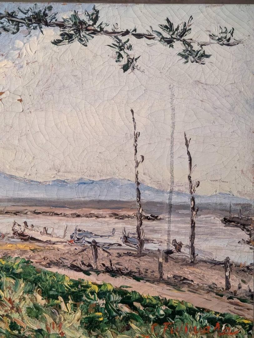 【真作】絵画　藤原修治郎　油彩6号　漁港　心を癒す自然の美　静かな大地　U20