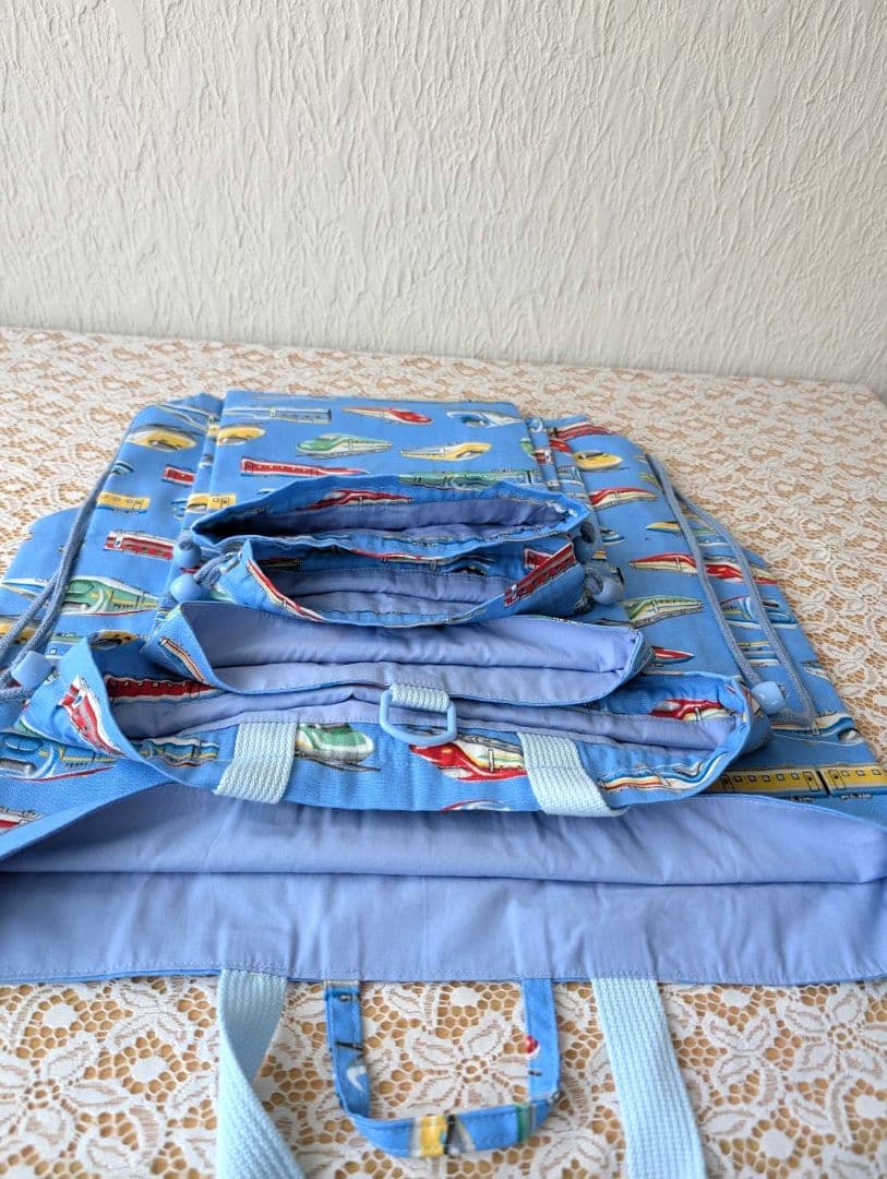 新幹線柄ブルー　入園 入学準備7点セット、男の子レッスンバッグ　給食袋、上靴入れ