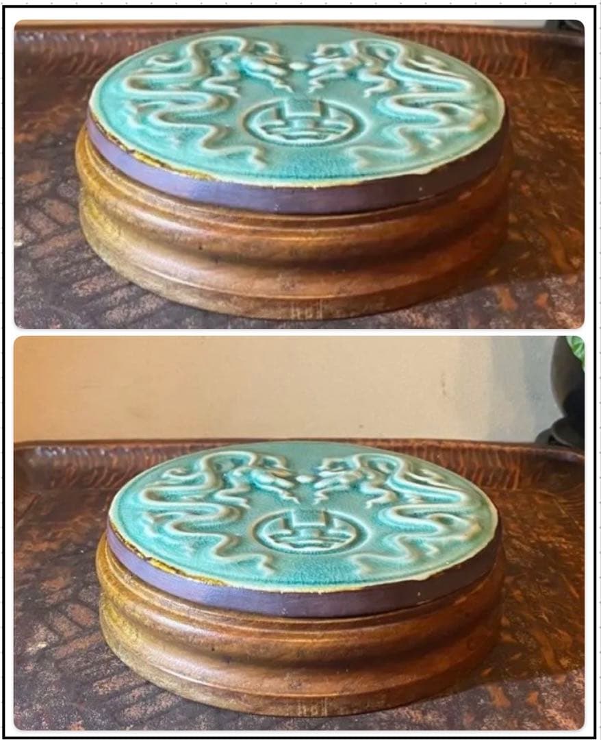 アンティーク・美品・中国青磁タイル龍・玉　鑑賞台座付・２点セット レア