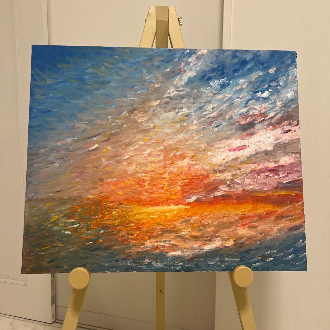 印象派風 油彩画 夕焼けの海 F12