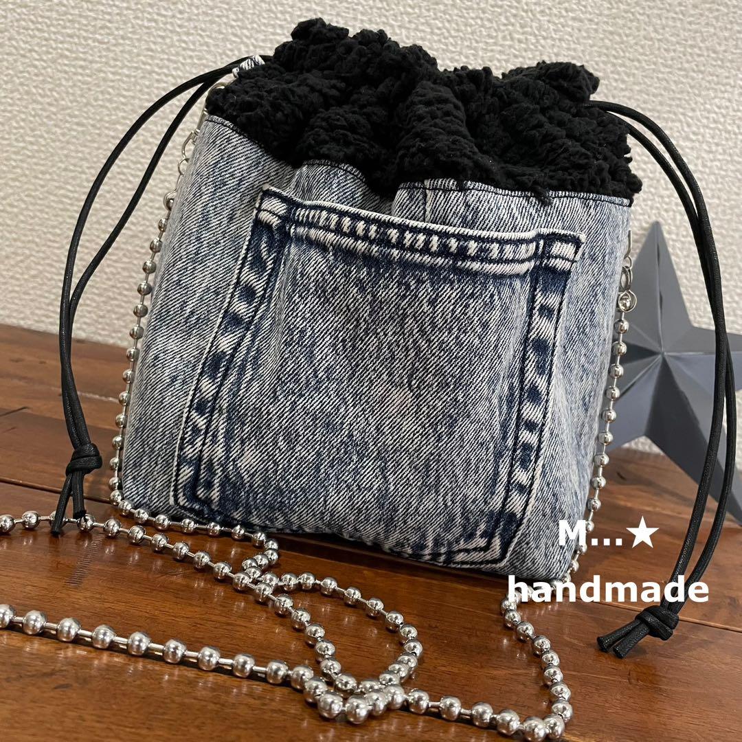 [581]デニム × ブラックボア ＊ 巾着バッグ
