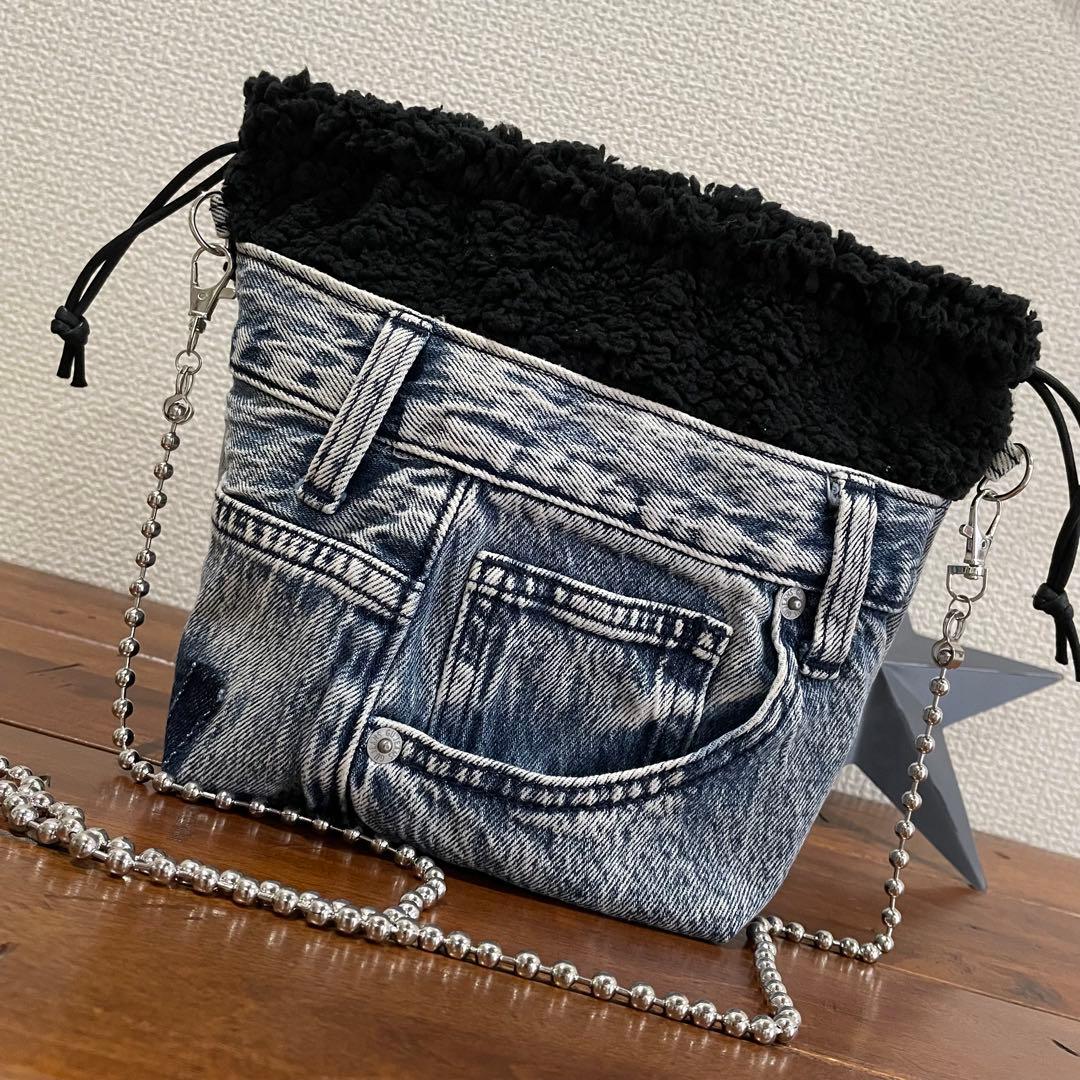 [581]デニム × ブラックボア ＊ 巾着バッグ