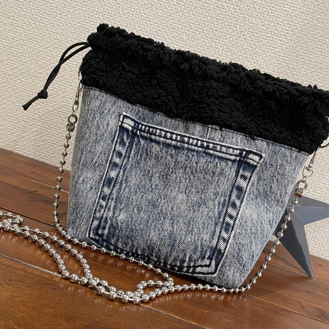 [581]デニム × ブラックボア ＊ 巾着バッグ