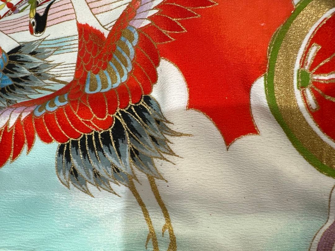 正絹　七五三 赤と白の鶴模様 着物　レトロ　フルセット