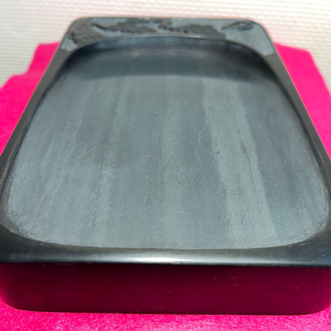 ⭕️雄勝硯　彫刻長方硯　石紋綺麗　四六寸　永寿松と海ねこを彫刻