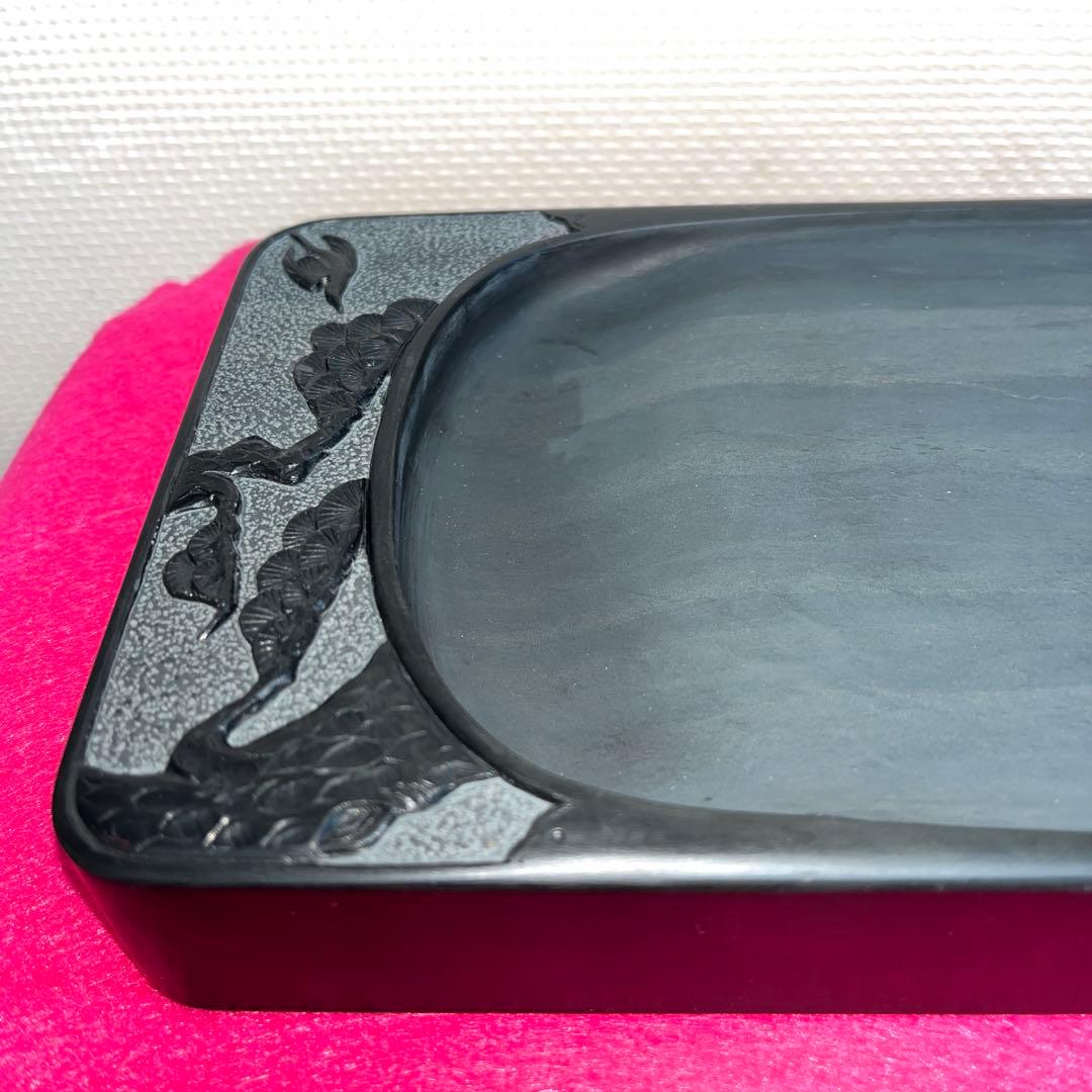 ⭕️雄勝硯　彫刻長方硯　石紋綺麗　四六寸　永寿松と海ねこを彫刻