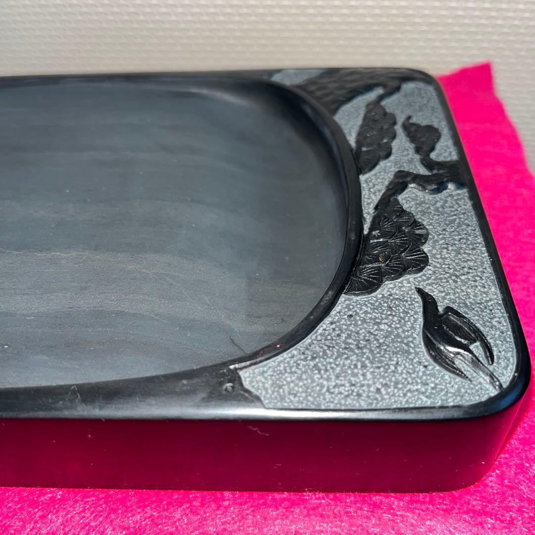 ⭕️雄勝硯　彫刻長方硯　石紋綺麗　四六寸　永寿松と海ねこを彫刻