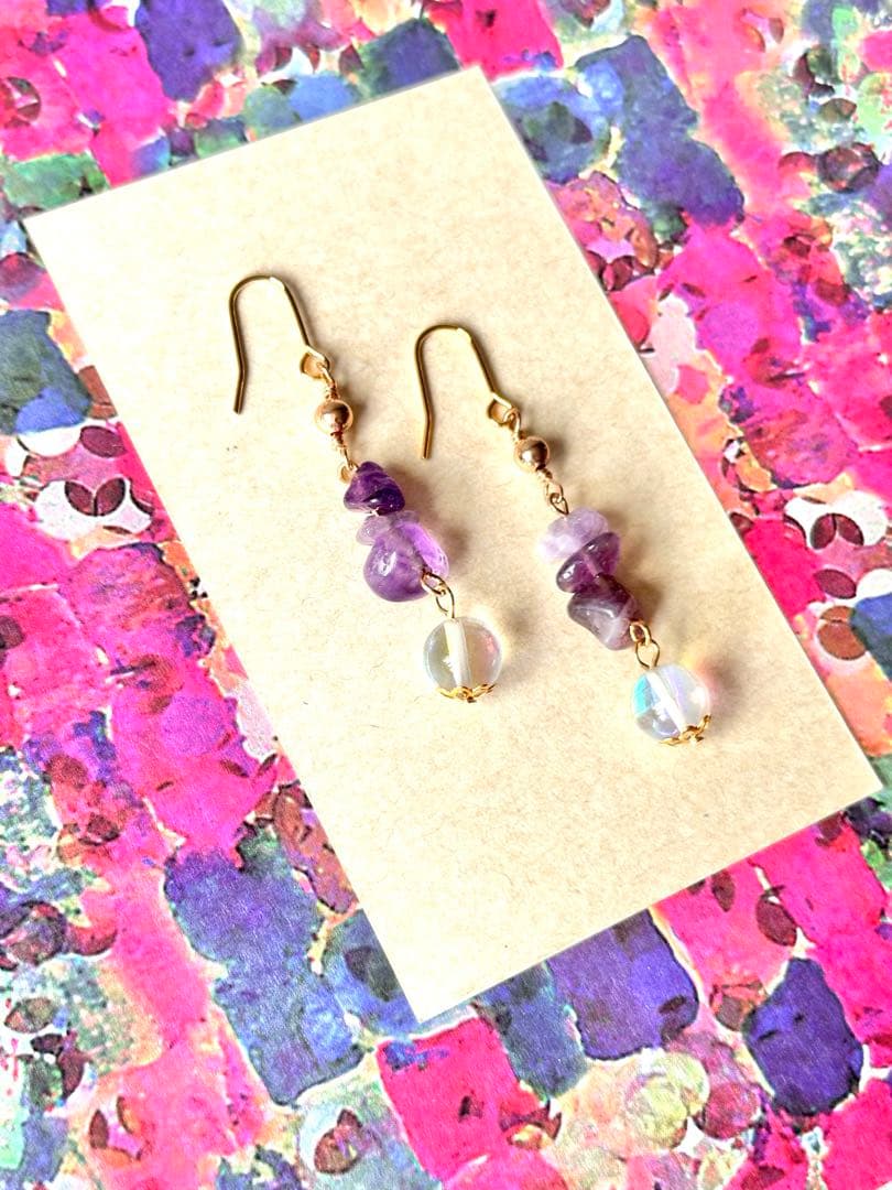 【829】ハンドメイド ピアス イヤリング ガラスビーズ アメジスト 天然石