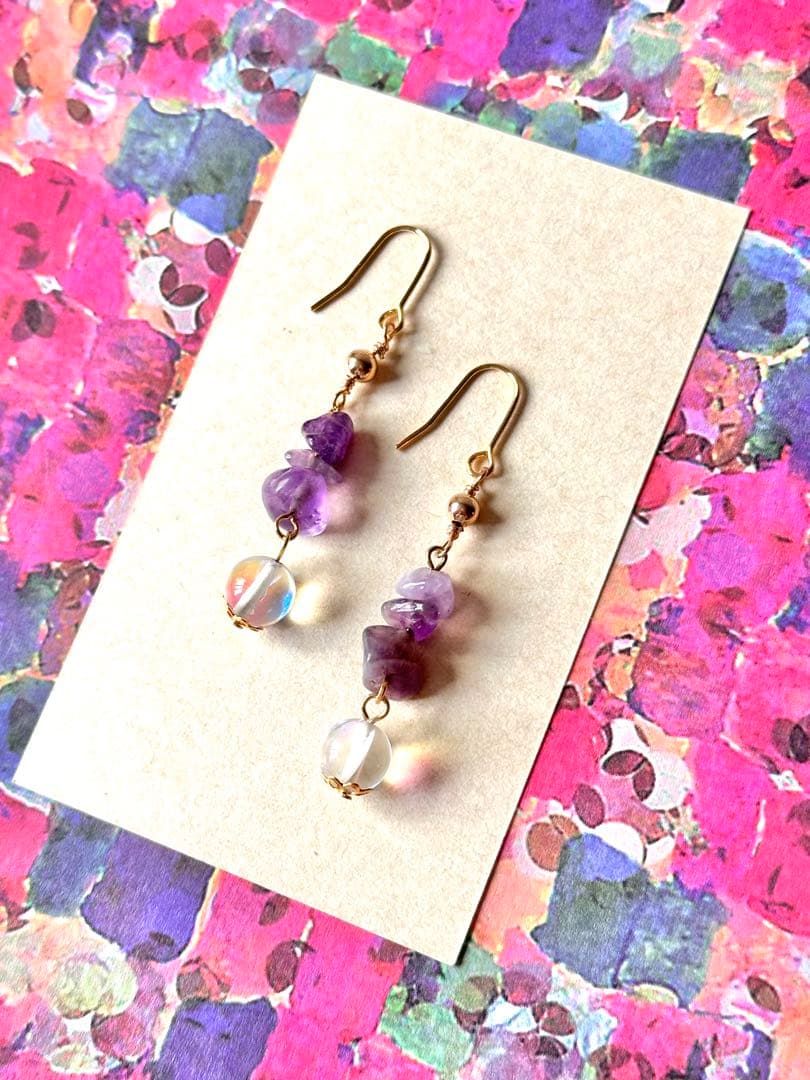 【829】ハンドメイド ピアス イヤリング ガラスビーズ アメジスト 天然石