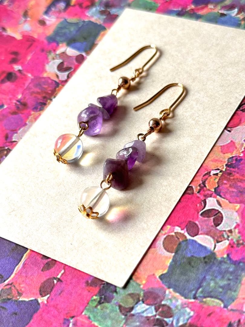 【829】ハンドメイド ピアス イヤリング ガラスビーズ アメジスト 天然石