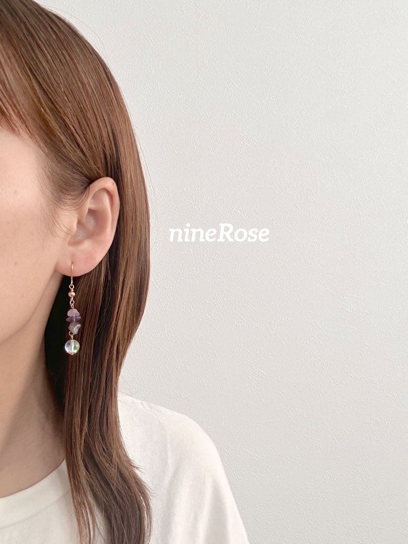 【829】ハンドメイド ピアス イヤリング ガラスビーズ アメジスト 天然石