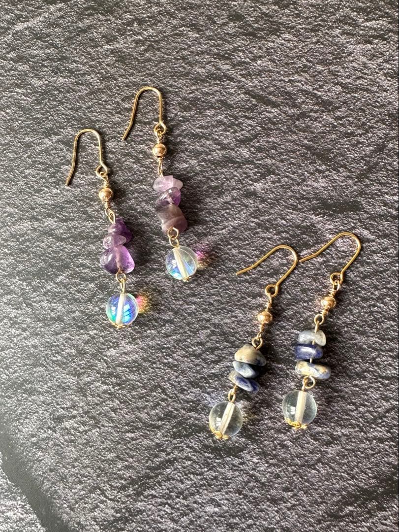 【829】ハンドメイド ピアス イヤリング ガラスビーズ アメジスト 天然石