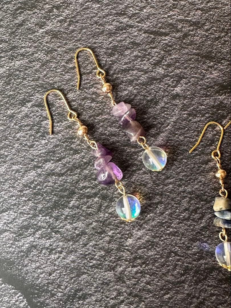 【829】ハンドメイド ピアス イヤリング ガラスビーズ アメジスト 天然石