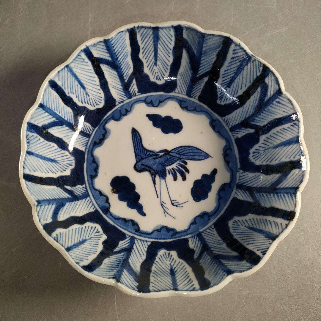 A1349-4/古伊万里染付雲鶴文輪花皿8客/銘々皿/飾鉢/盛鉢/懐石道具/