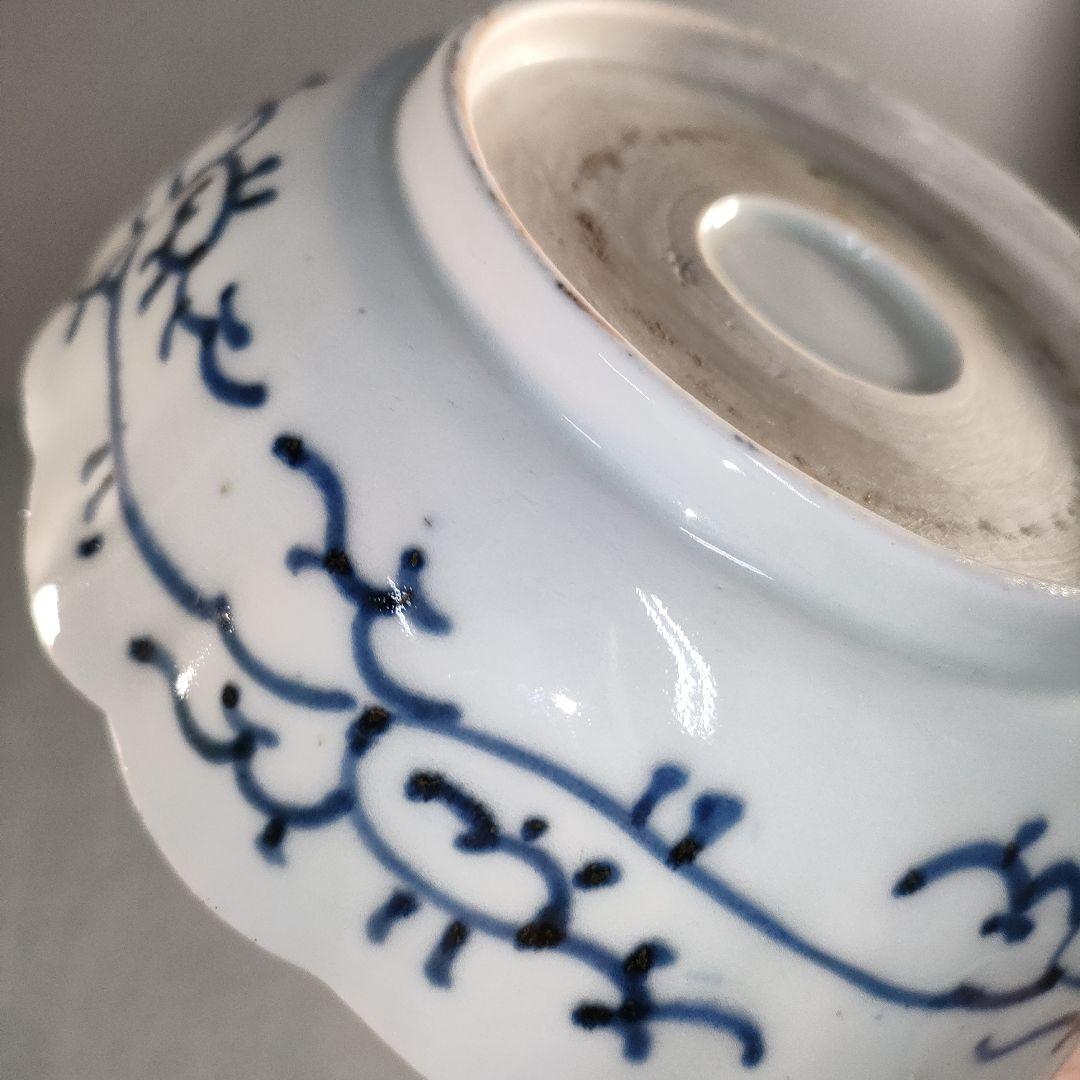 A1349-4/古伊万里染付雲鶴文輪花皿8客/銘々皿/飾鉢/盛鉢/懐石道具/