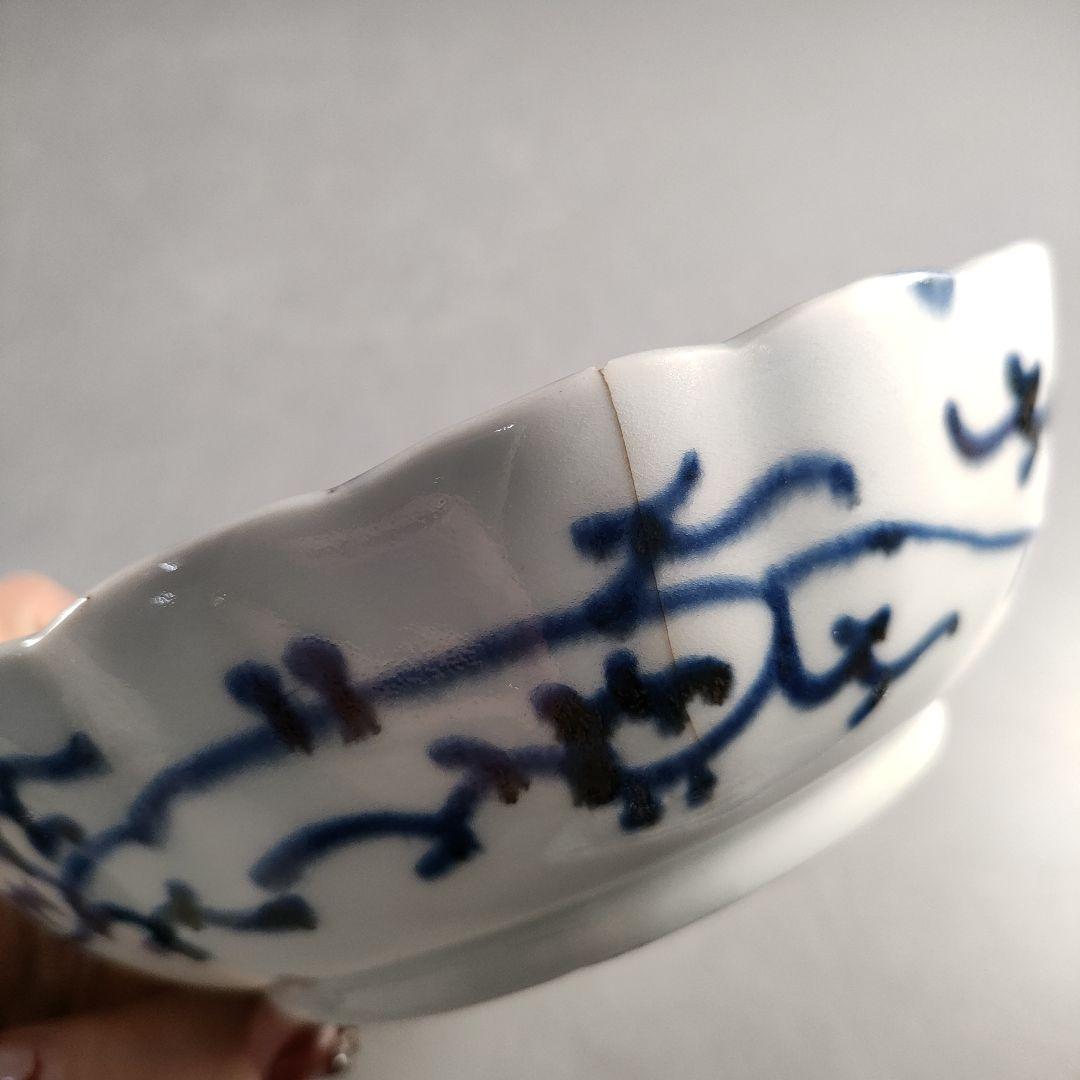 A1349-4/古伊万里染付雲鶴文輪花皿8客/銘々皿/飾鉢/盛鉢/懐石道具/