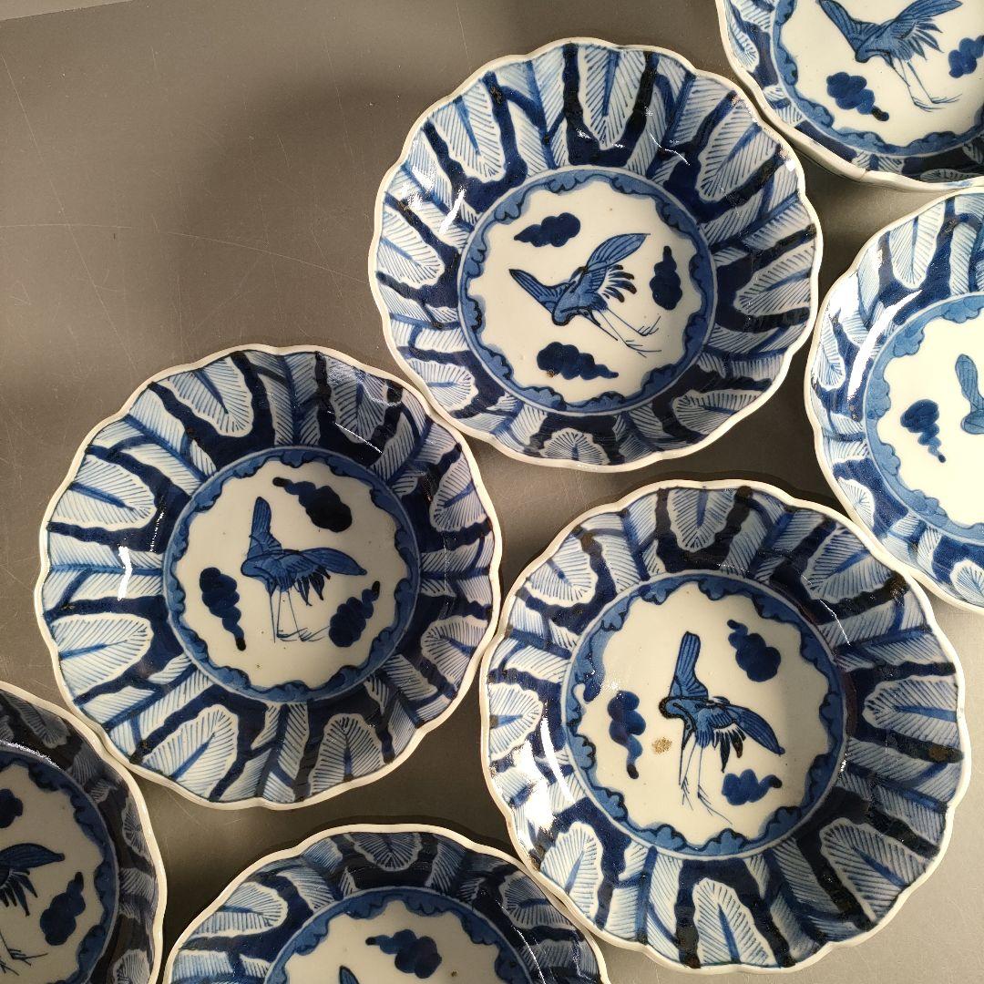 A1349-4/古伊万里染付雲鶴文輪花皿8客/銘々皿/飾鉢/盛鉢/懐石道具/