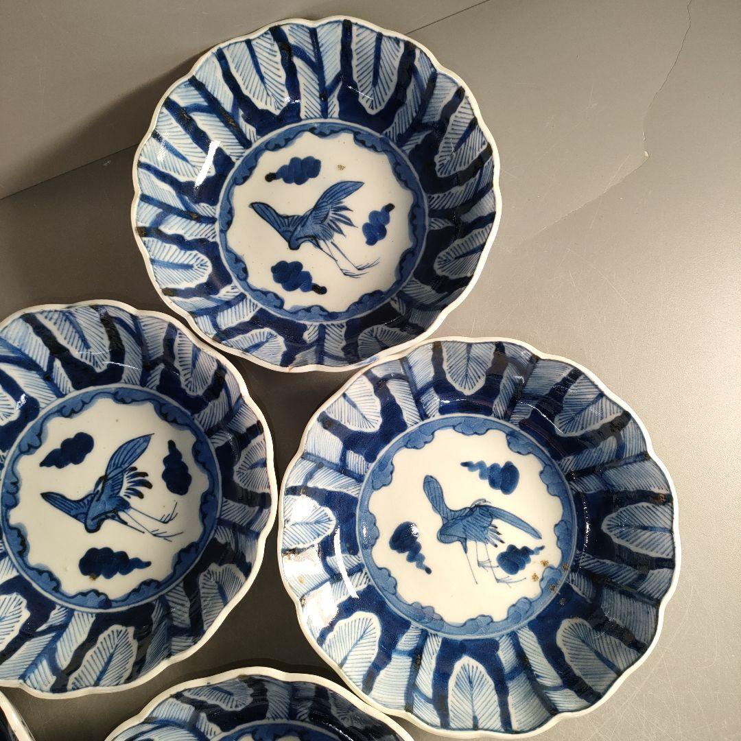 A1349-4/古伊万里染付雲鶴文輪花皿8客/銘々皿/飾鉢/盛鉢/懐石道具/
