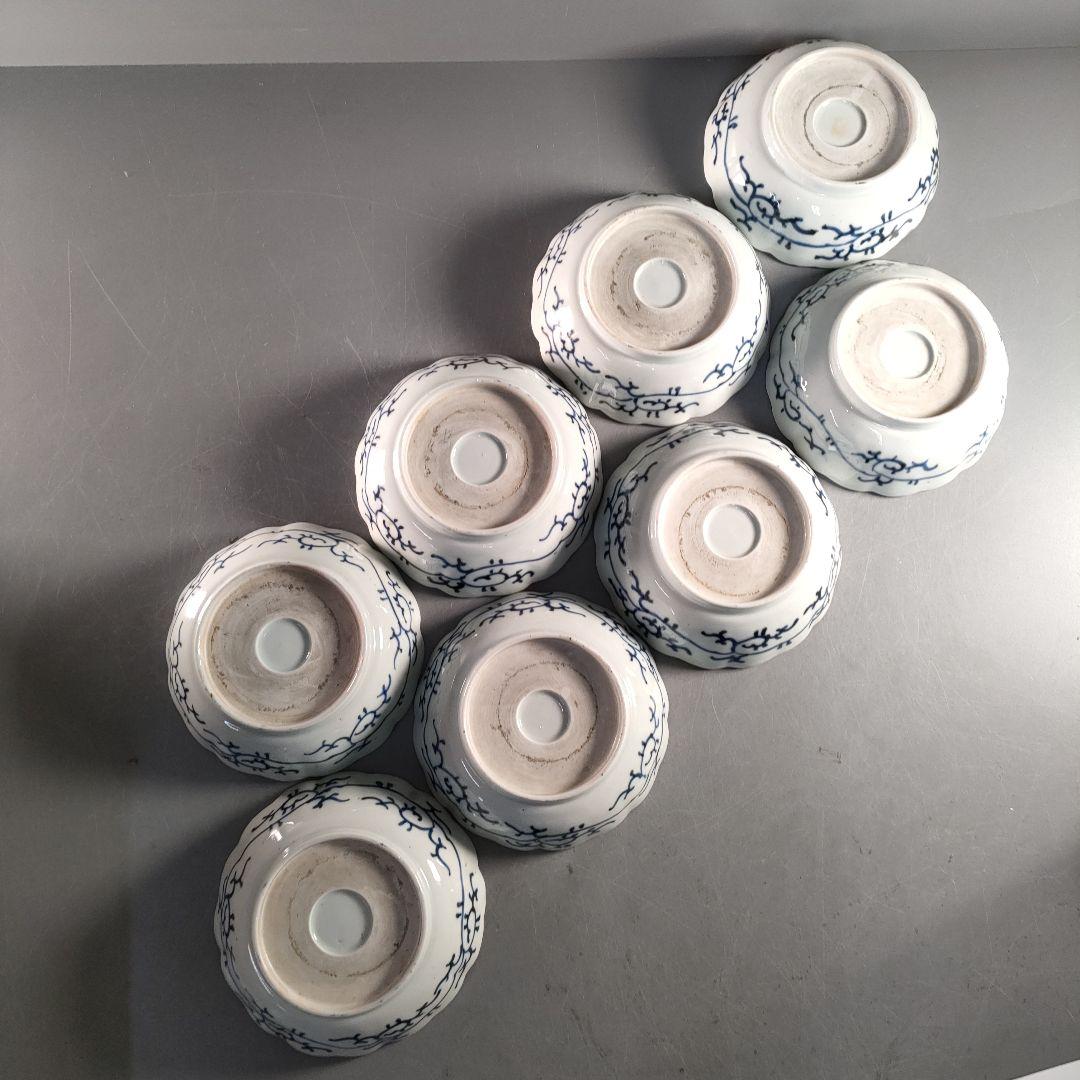 A1349-4/古伊万里染付雲鶴文輪花皿8客/銘々皿/飾鉢/盛鉢/懐石道具/