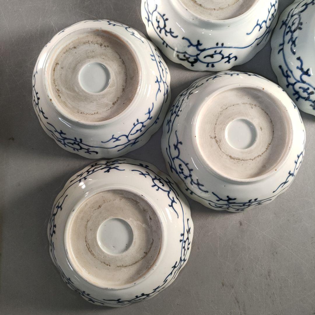 A1349-4/古伊万里染付雲鶴文輪花皿8客/銘々皿/飾鉢/盛鉢/懐石道具/