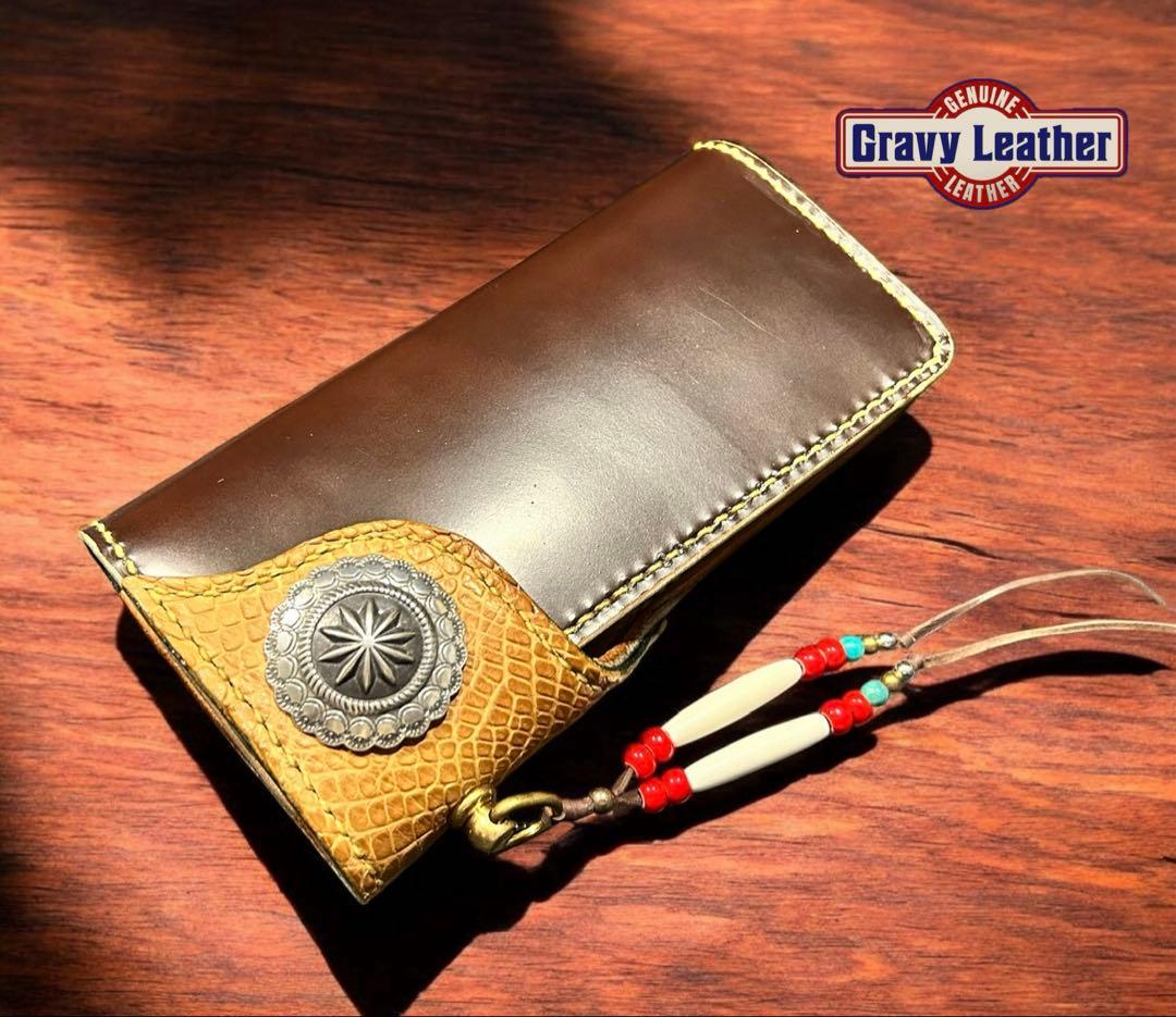 Gravy Leather クロコダイル 長財布 一点モノ 総手縫い バイカー