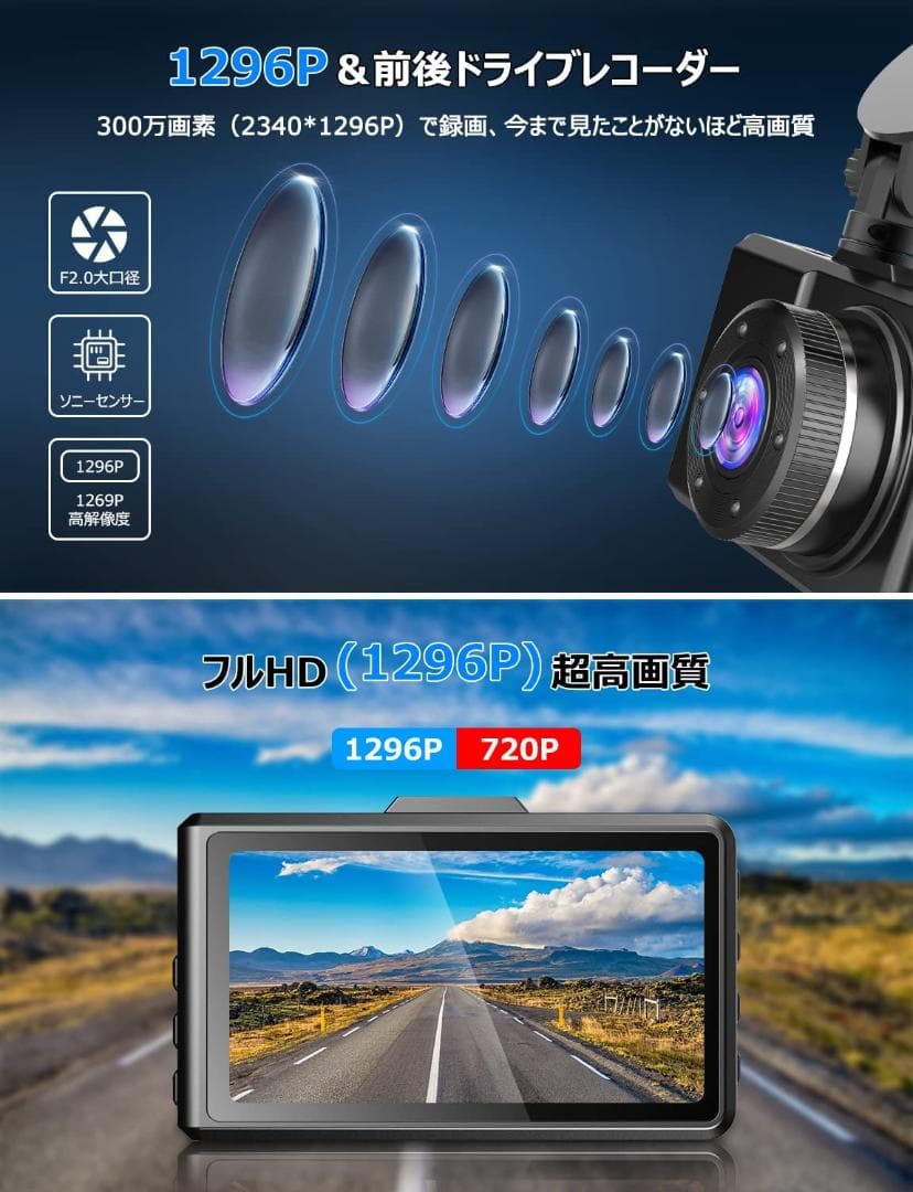 ドライブレコーダー 1296P 高画質  32GB SDカード付き 前後カメラ