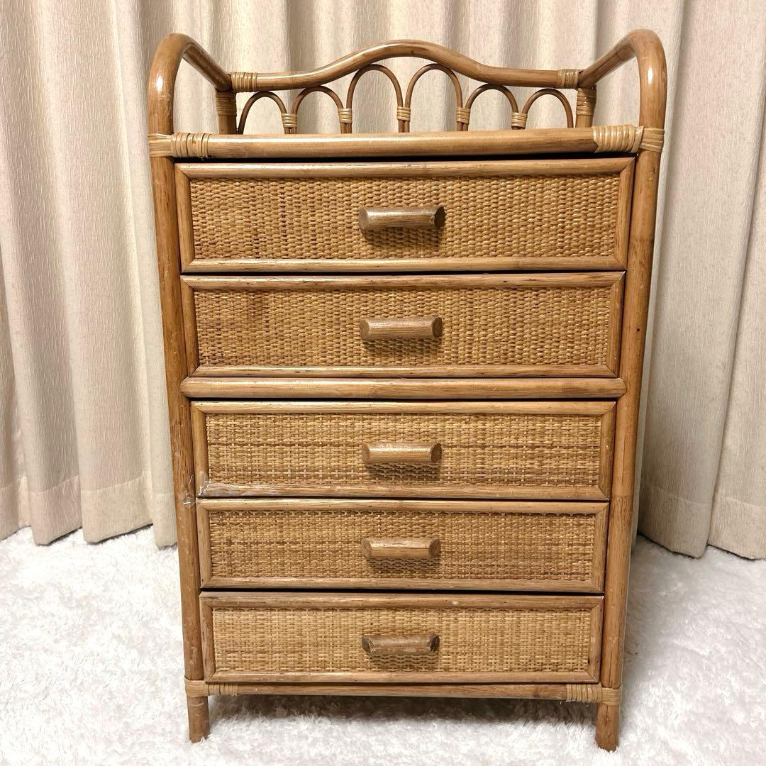 レトロ✨ ラタン チェスト 5段 籐 家具 アンティーク 棚 タンス 引き出し