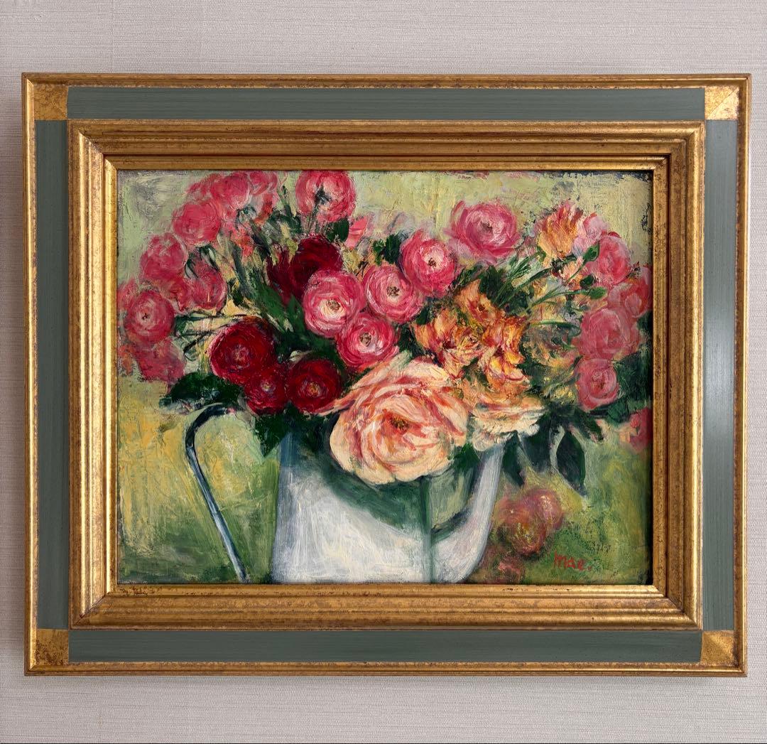 ガーデンローズ油彩画 庭のバラＦ６号額付