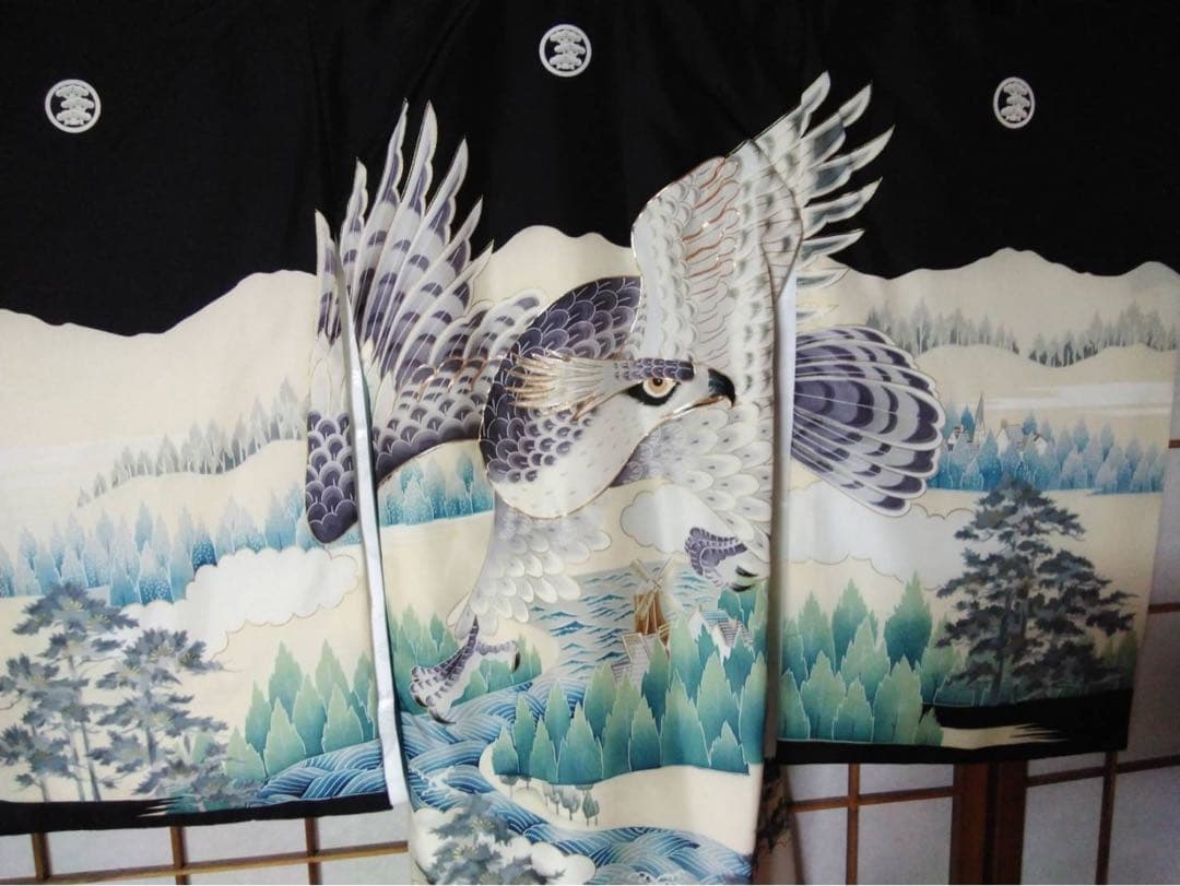 男の子用・3歳から5歳向け・表側正絹・お着物とお被覆のセット・巾着付き