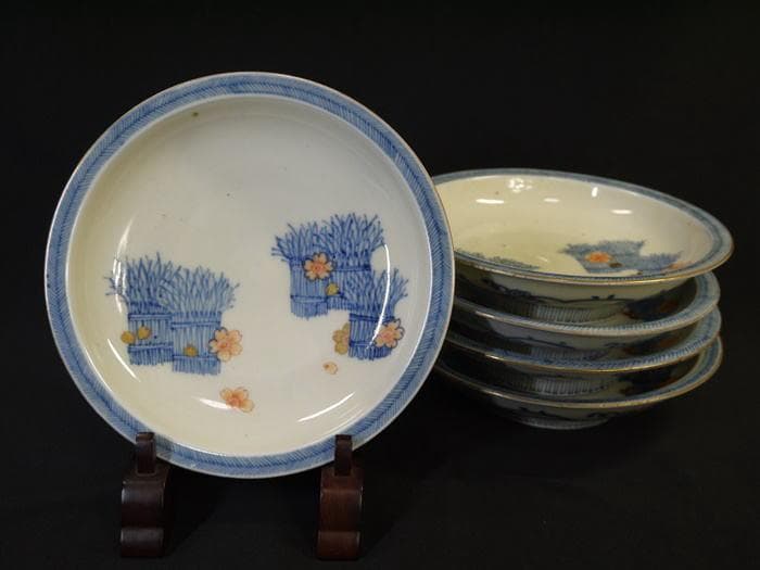 オールド香蘭社　桜柴垣文　五寸皿５客　大正～昭和初期　　傷ナシ　桜の季節に