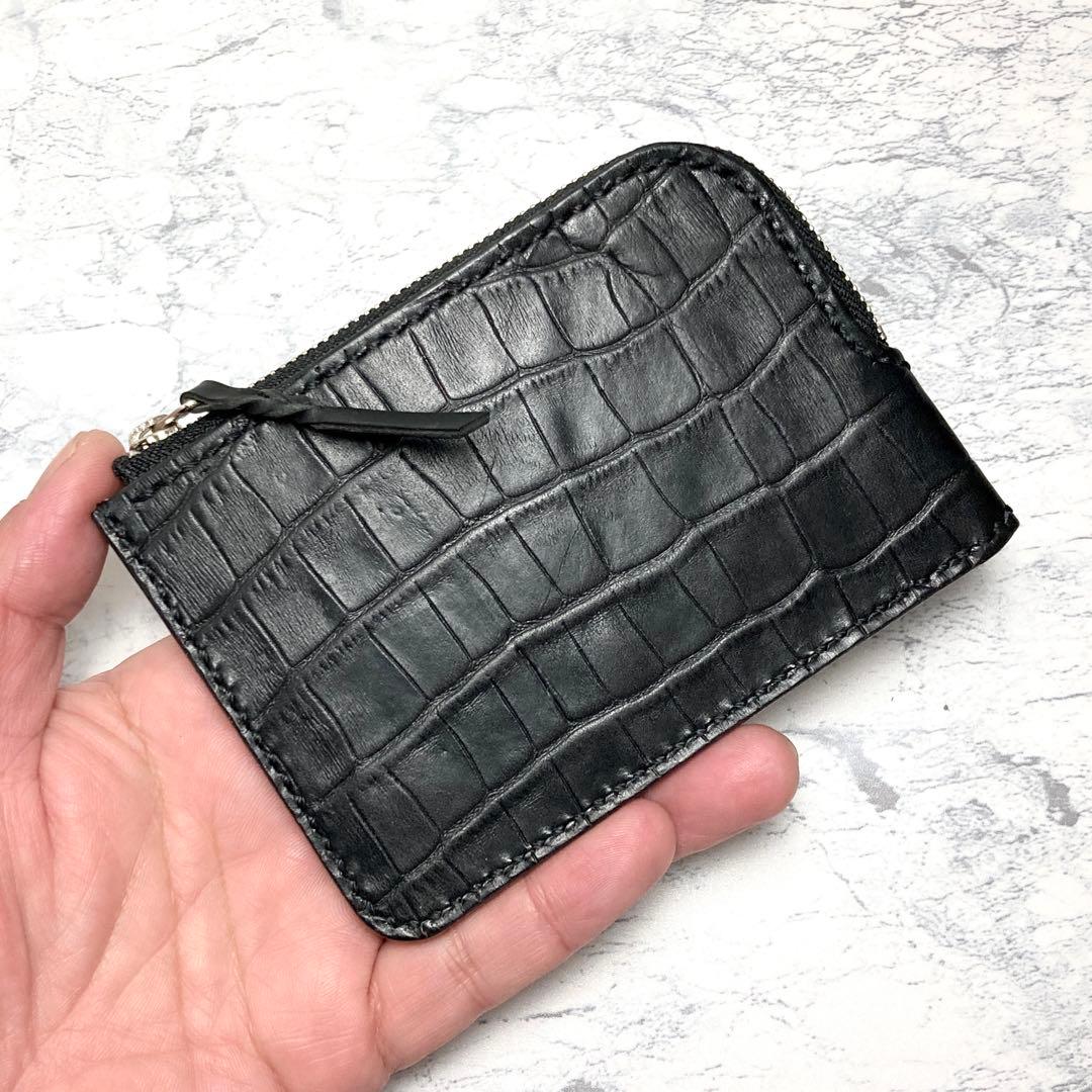 【総手縫い】クロコ型押し L字ファスナー財布 本革 コンパクト財布 黒 メンズ