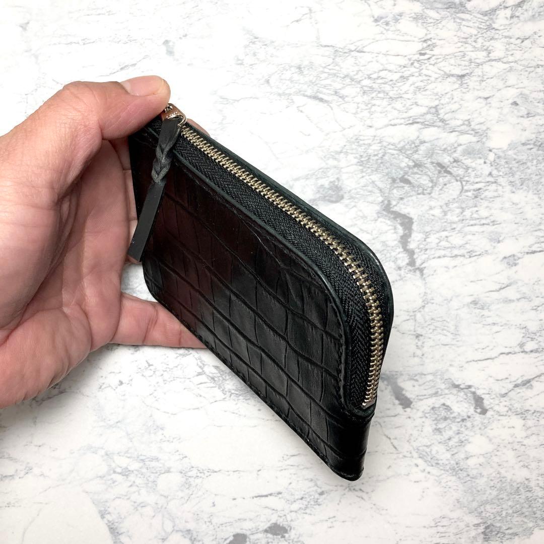 【総手縫い】クロコ型押し L字ファスナー財布 本革 コンパクト財布 黒 メンズ