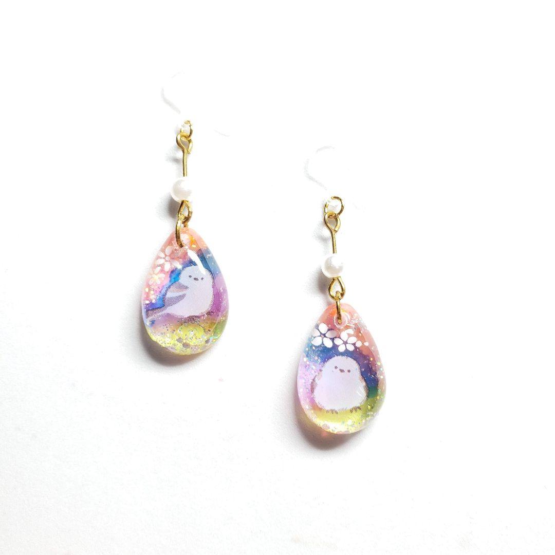 No.1612-D　シマエナガ☆水彩画風☆レジン☆ピアス・イヤリング