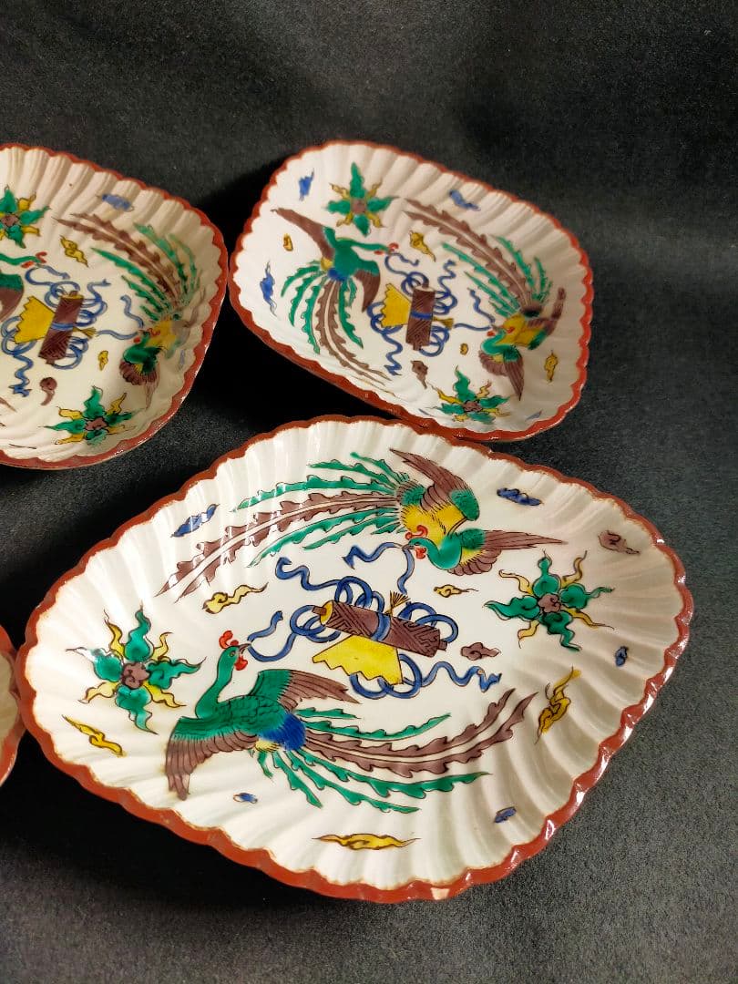 K-48/角福/九谷色絵鳳凰宝物文菱形皿5枚