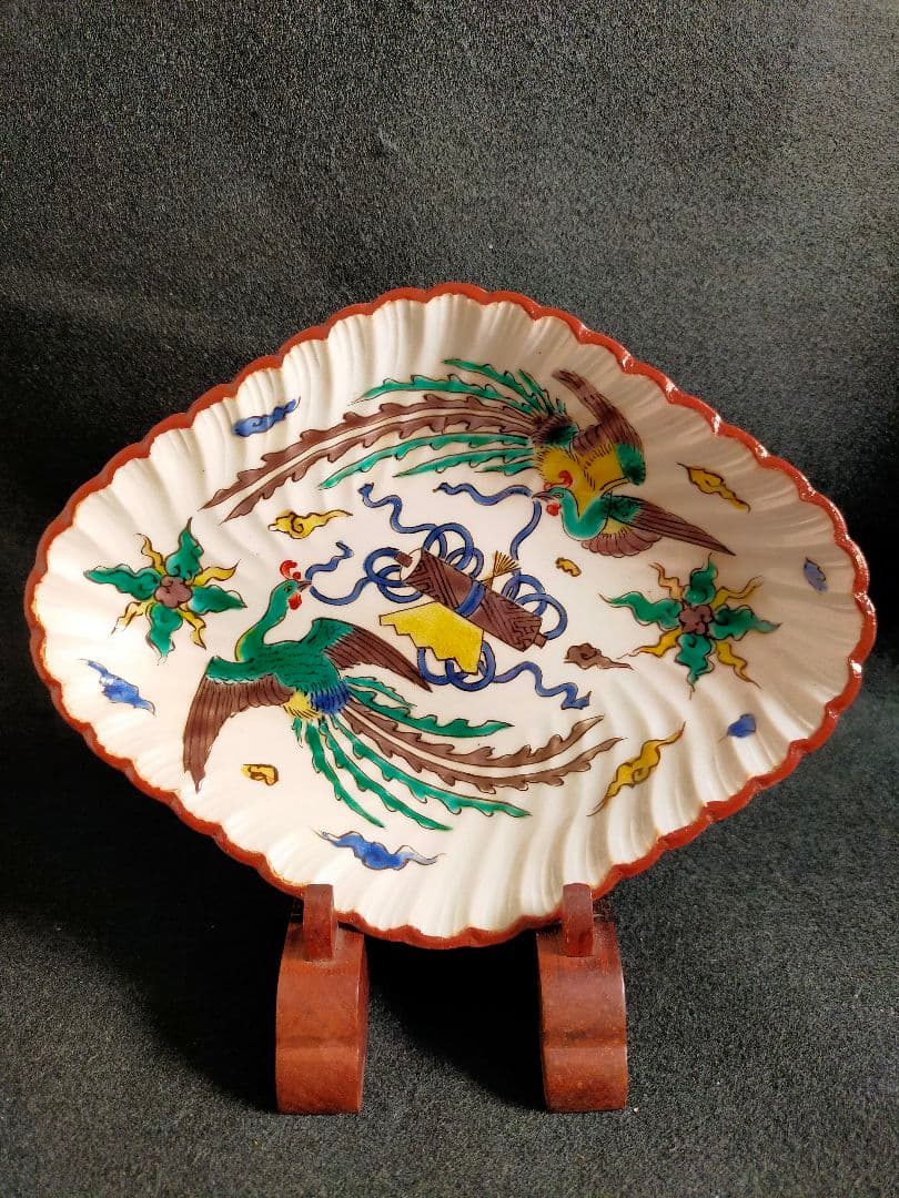 K-48/角福/九谷色絵鳳凰宝物文菱形皿5枚