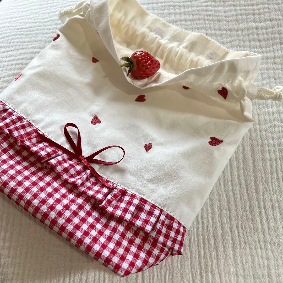 レッド ハート チェック ランチョンマット お弁当袋 給食袋 コップ袋 赤 巾着