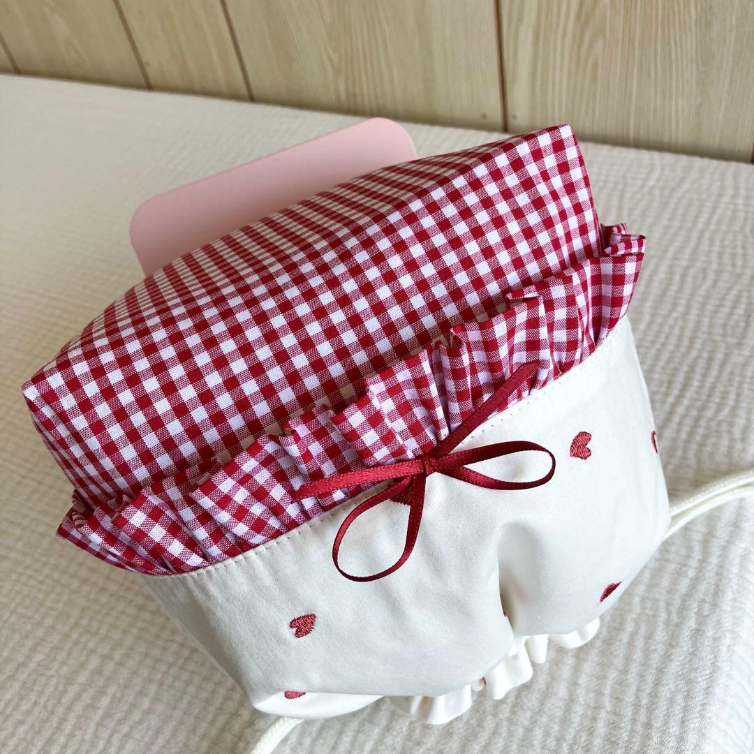 レッド ハート チェック ランチョンマット お弁当袋 給食袋 コップ袋 赤 巾着