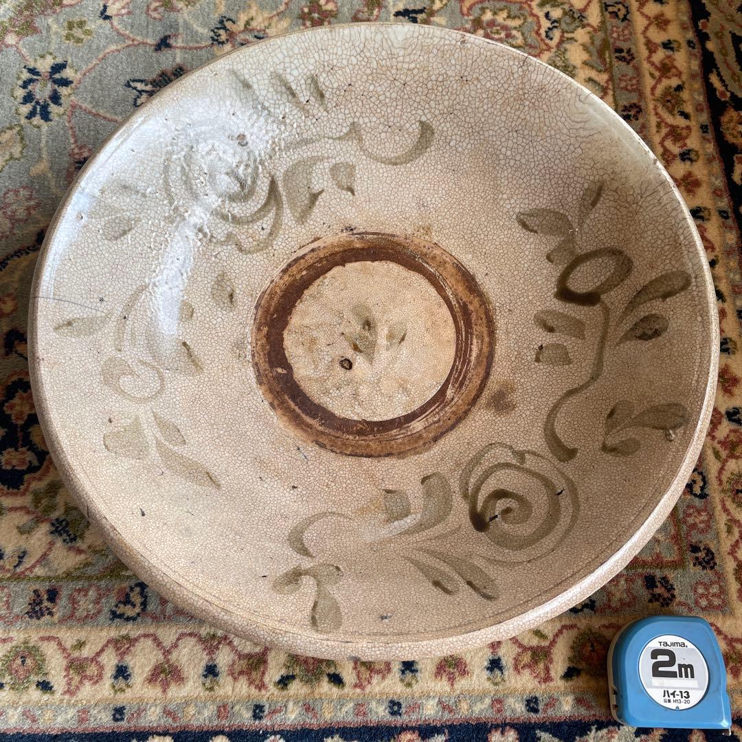 希少 骨董 安南焼　草花文大鉢 絞り手 染付 呉須 菓子鉢 民藝 時代物