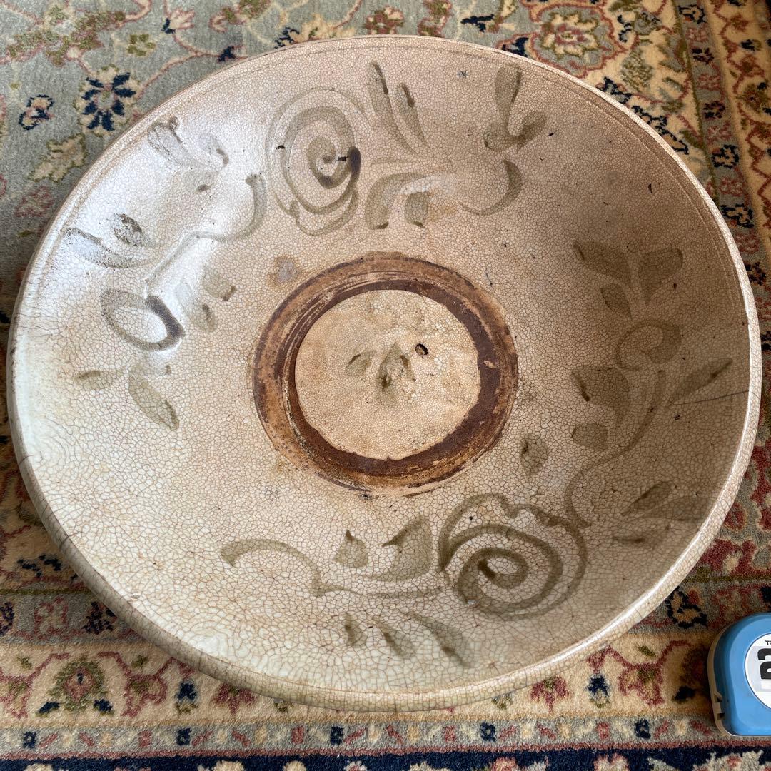 希少 骨董 安南焼　草花文大鉢 絞り手 染付 呉須 菓子鉢 民藝 時代物