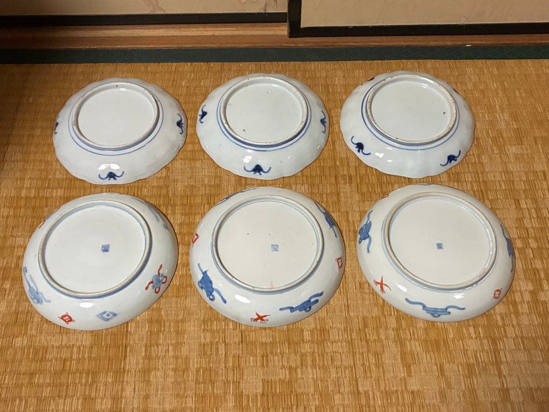 古伊万里 伊万里 染付 色絵 金彩 中皿 六枚 まとめて 時代物 印あり